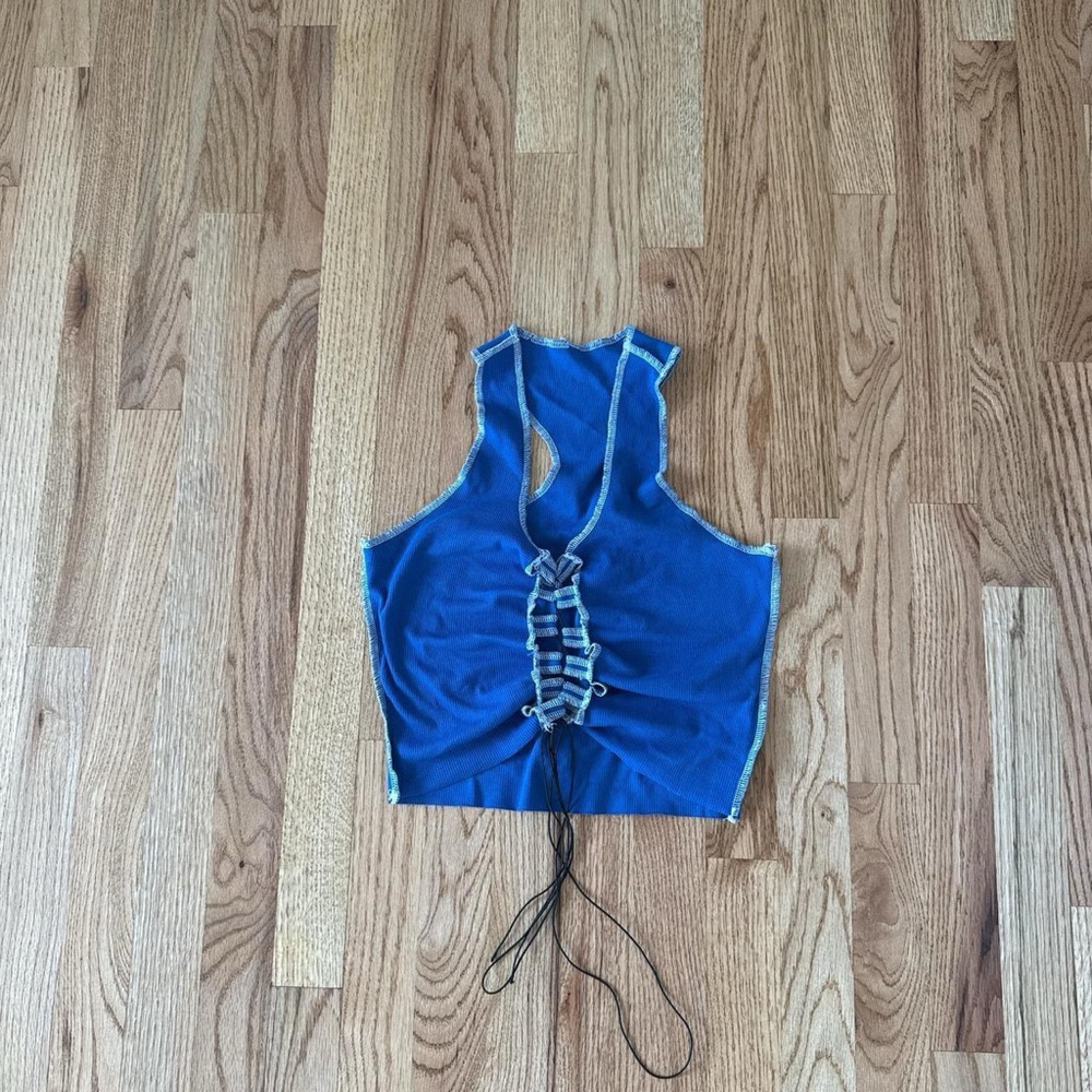 Blue Sleeveless Top with Lace-Up Front